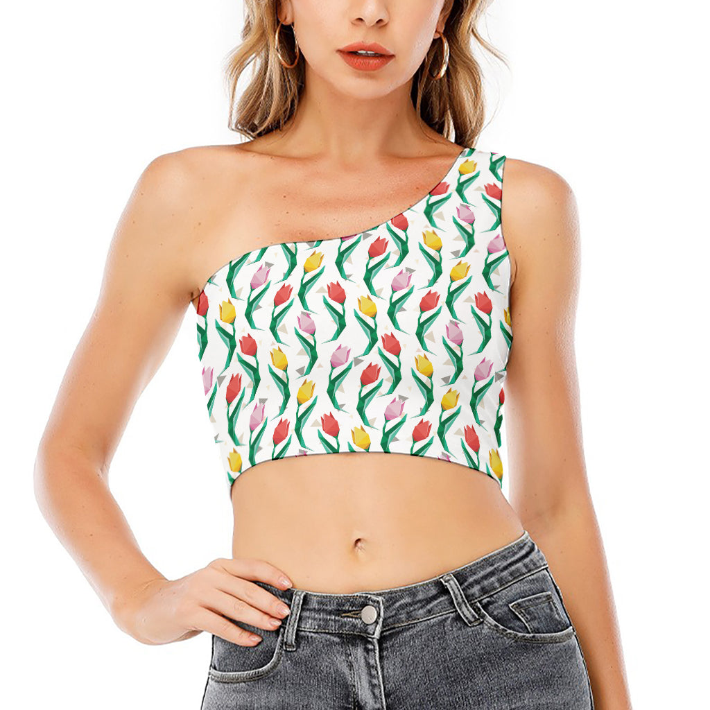Polygon Tulip Pattern Print One Shoulder Crop Top