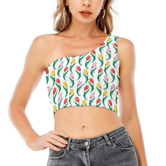 Polygon Tulip Pattern Print One Shoulder Crop Top