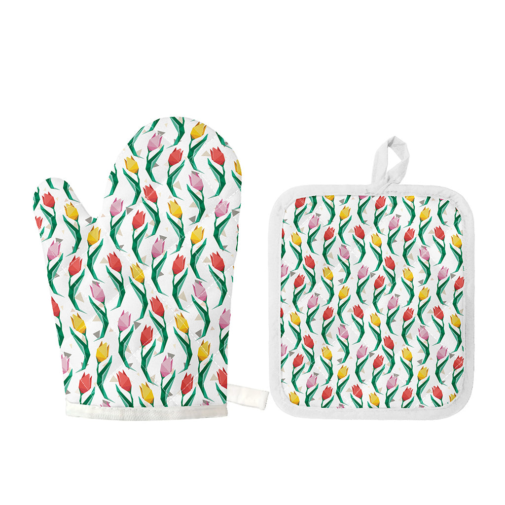 Polygon Tulip Pattern Print Oven Mitt And Pot Holder Set