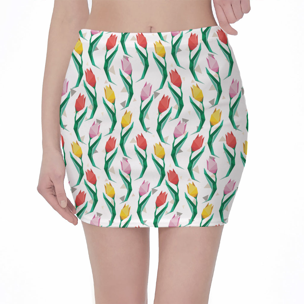 Polygon Tulip Pattern Print Pencil Mini Skirt