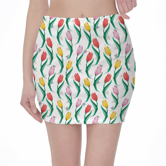 Polygon Tulip Pattern Print Pencil Mini Skirt