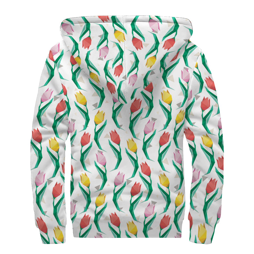Polygon Tulip Pattern Print Sherpa Lined Zip Up Hoodie