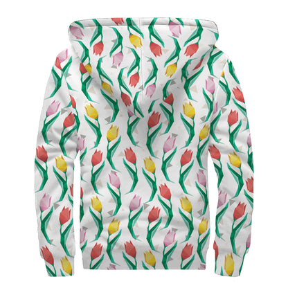 Polygon Tulip Pattern Print Sherpa Lined Zip Up Hoodie