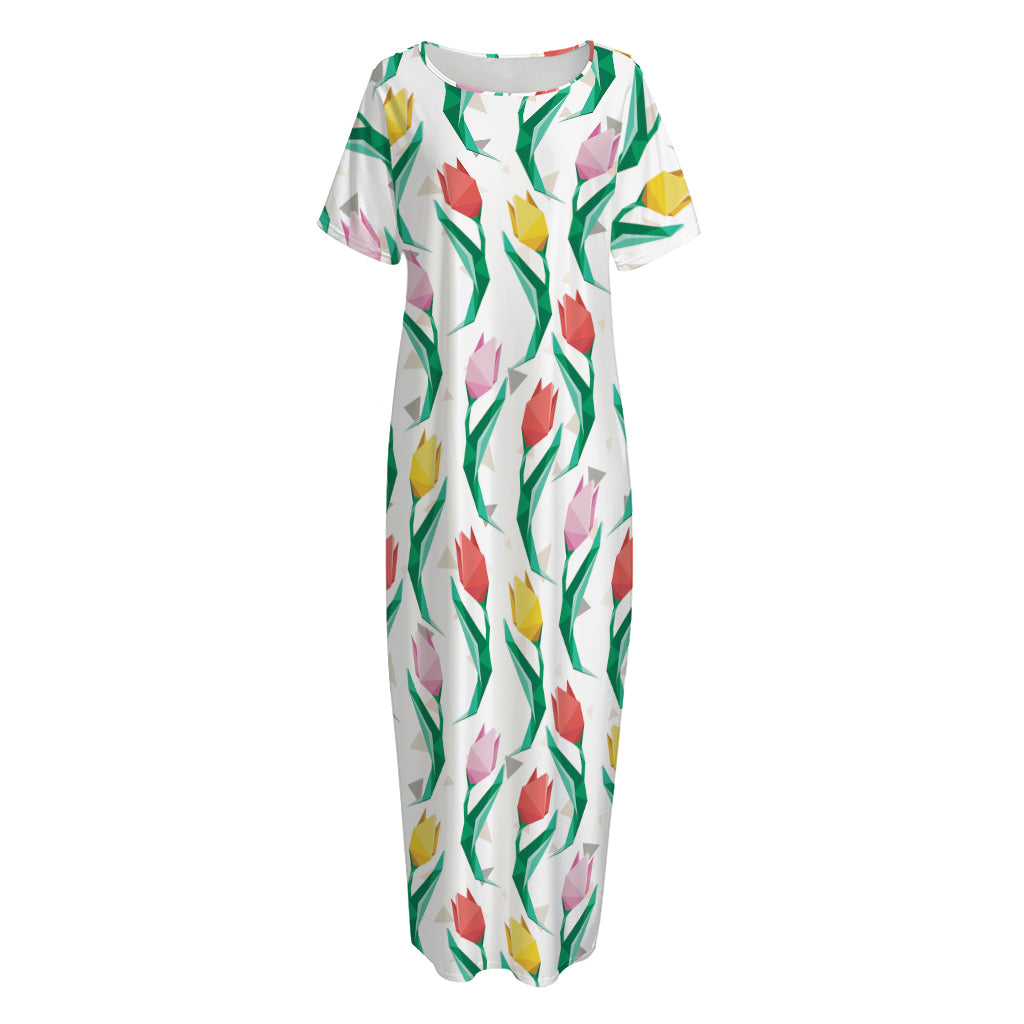 Polygon Tulip Pattern Print Short Sleeve Long Nightdress