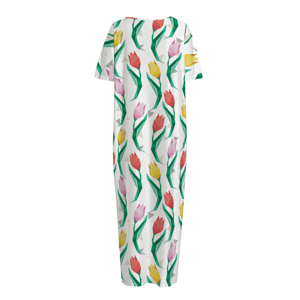 Polygon Tulip Pattern Print Short Sleeve Long Nightdress