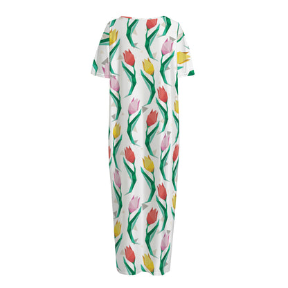 Polygon Tulip Pattern Print Short Sleeve Long Nightdress