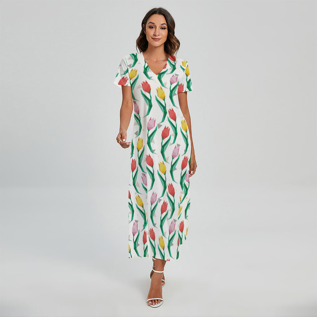 Polygon Tulip Pattern Print Short Sleeve Maxi Dress