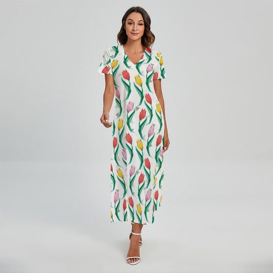 Polygon Tulip Pattern Print Short Sleeve Maxi Dress