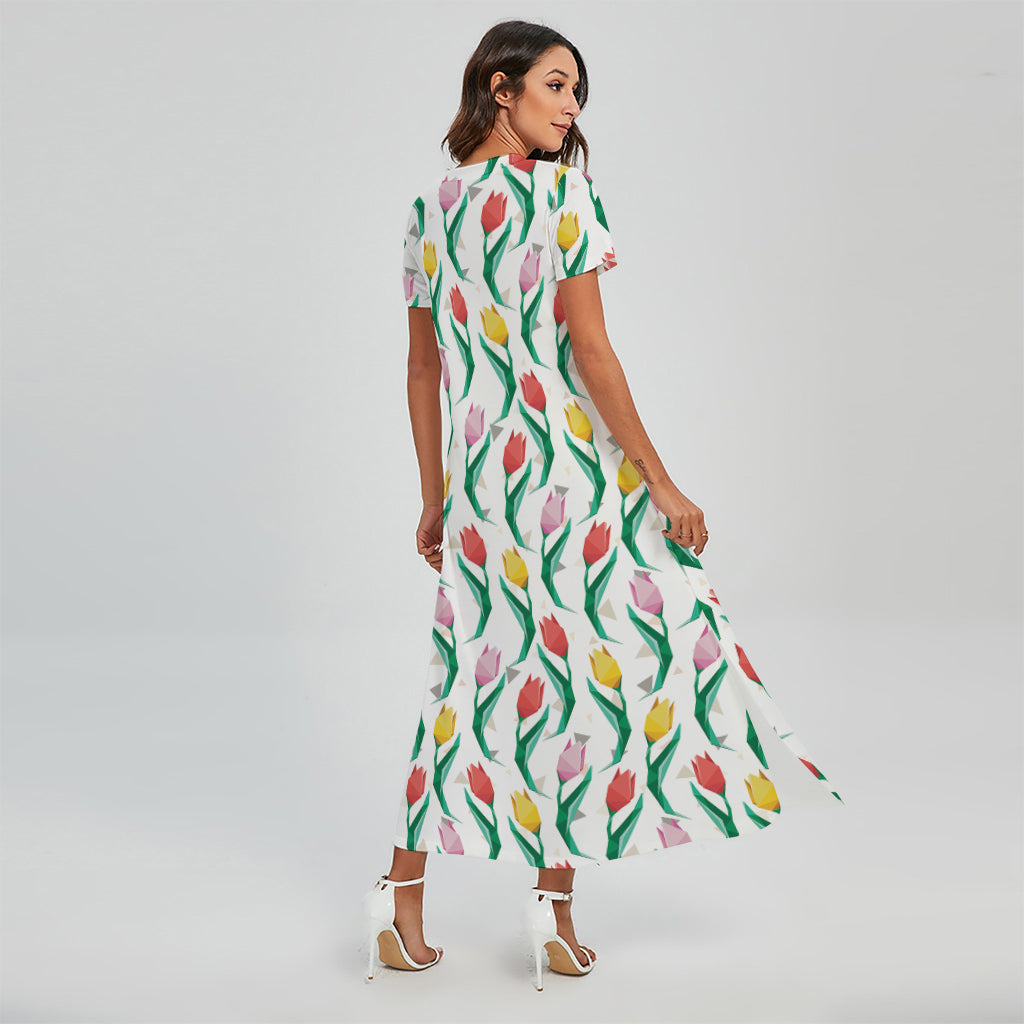 Polygon Tulip Pattern Print Short Sleeve Maxi Dress