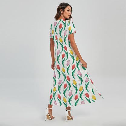 Polygon Tulip Pattern Print Short Sleeve Maxi Dress