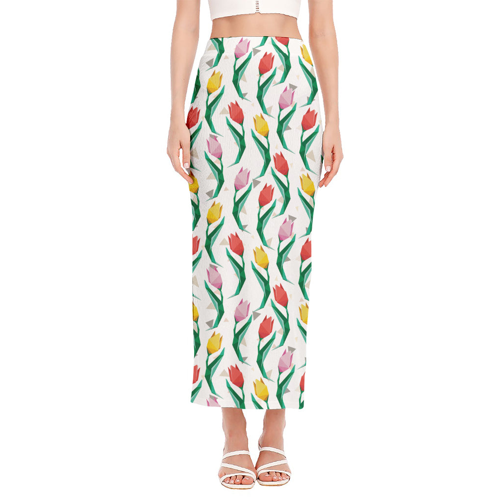 Polygon Tulip Pattern Print Side Slit Maxi Skirt
