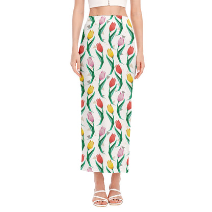 Polygon Tulip Pattern Print Side Slit Maxi Skirt