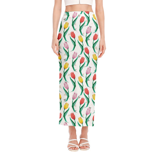 Polygon Tulip Pattern Print Side Slit Maxi Skirt
