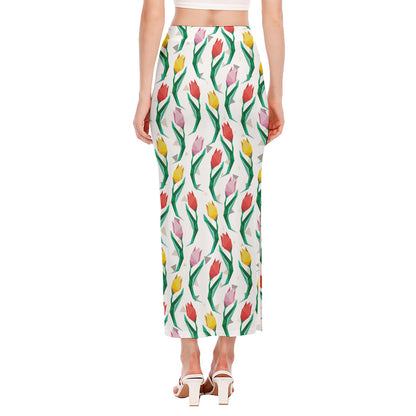Polygon Tulip Pattern Print Side Slit Maxi Skirt