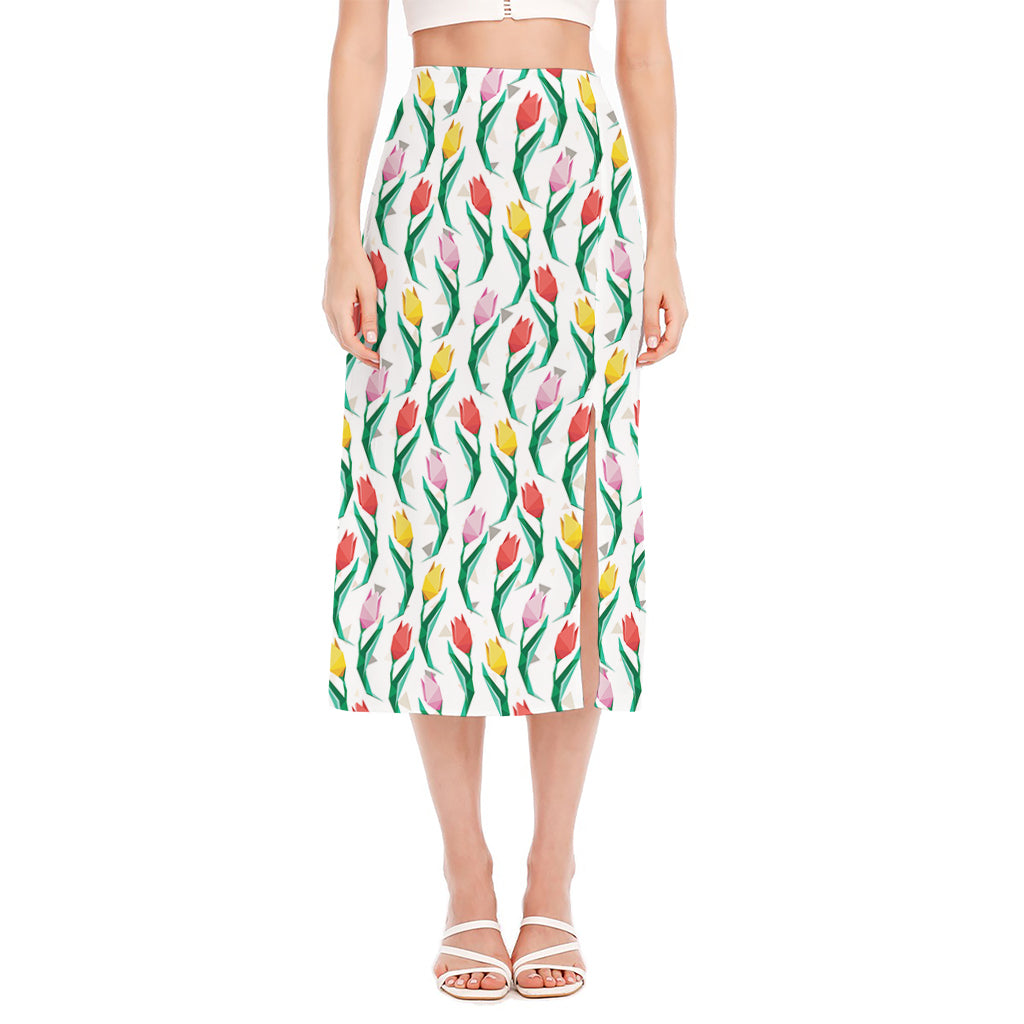 Polygon Tulip Pattern Print Side Slit Midi Skirt