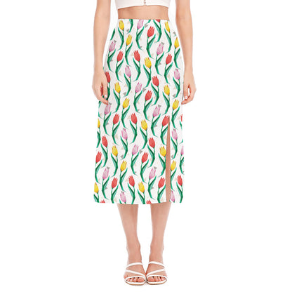 Polygon Tulip Pattern Print Side Slit Midi Skirt