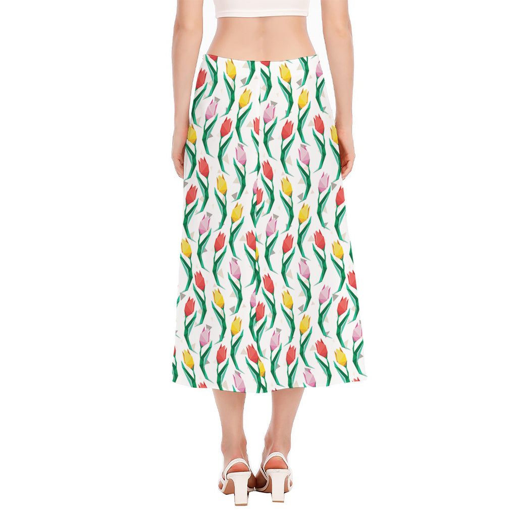Polygon Tulip Pattern Print Side Slit Midi Skirt