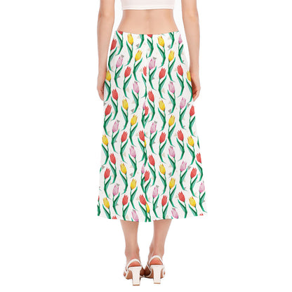 Polygon Tulip Pattern Print Side Slit Midi Skirt