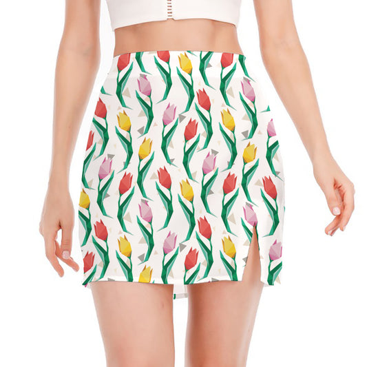 Polygon Tulip Pattern Print Side Slit Mini Skirt