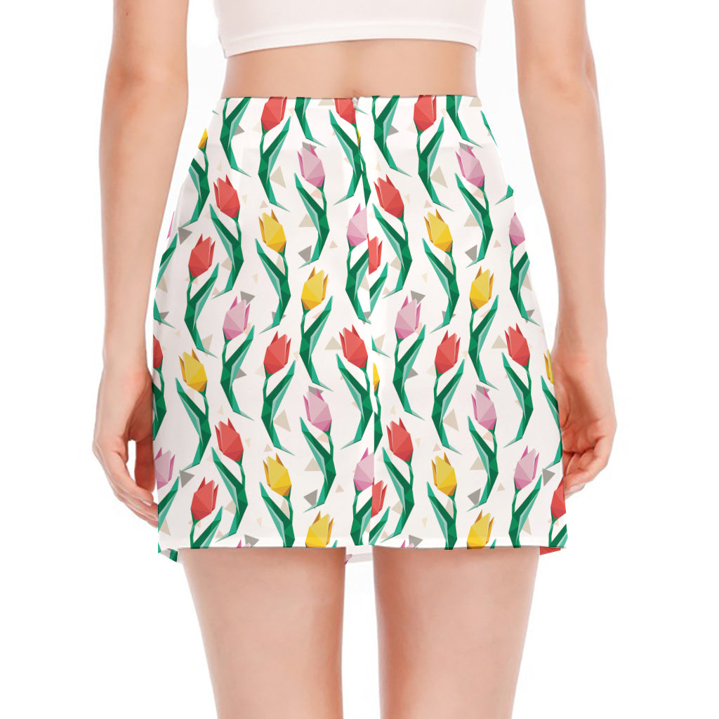 Polygon Tulip Pattern Print Side Slit Mini Skirt