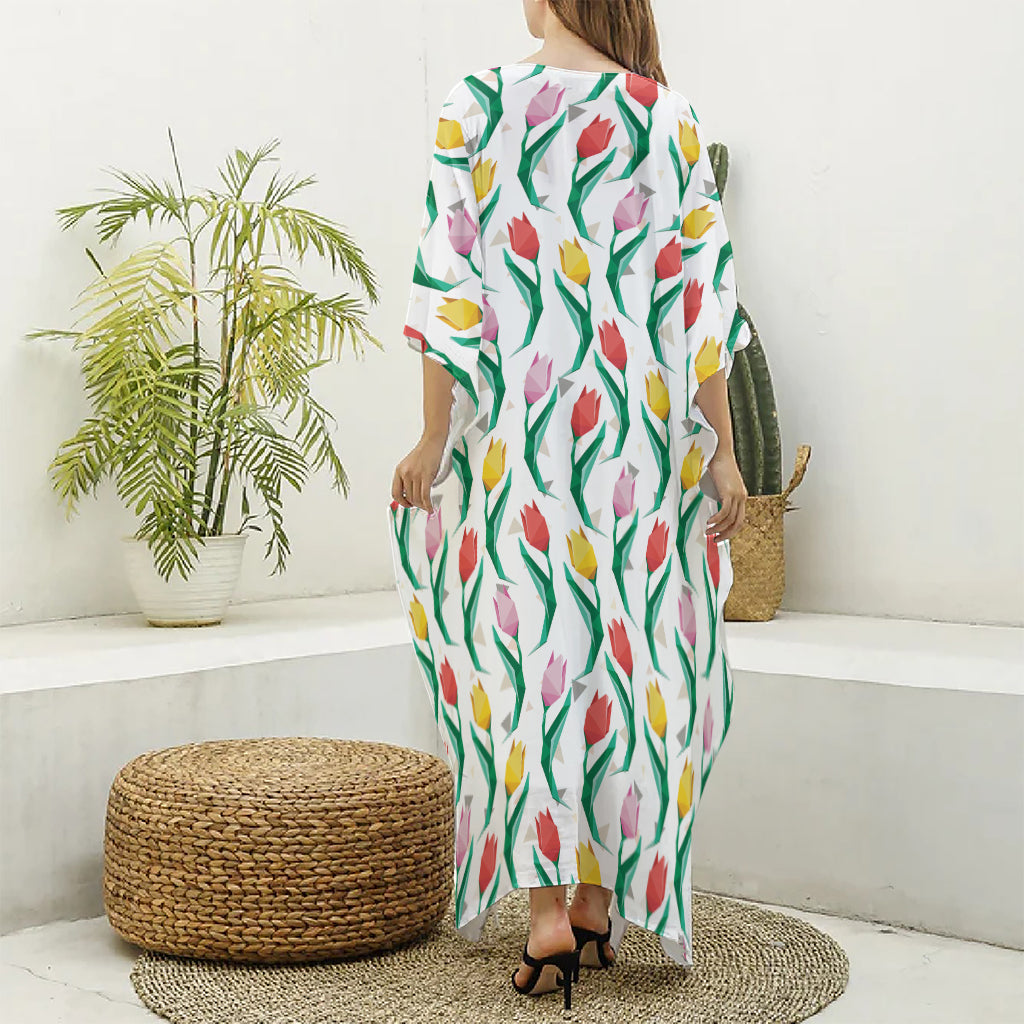 Polygon Tulip Pattern Print Silk V-Neck Kaftan Dress