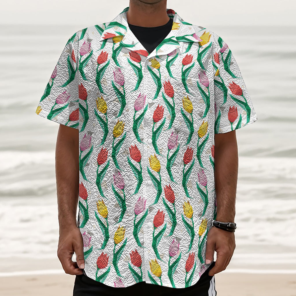 Polygon Tulip Pattern Print Textured Short Sleeve Shirt