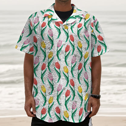Polygon Tulip Pattern Print Textured Short Sleeve Shirt