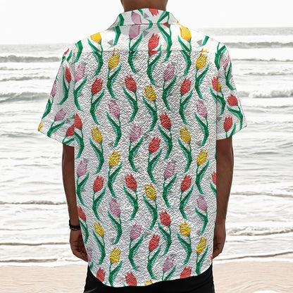Polygon Tulip Pattern Print Textured Short Sleeve Shirt