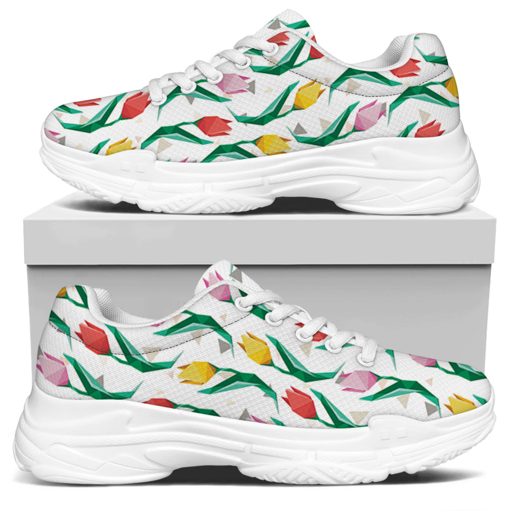 Polygon Tulip Pattern Print White Chunky Shoes