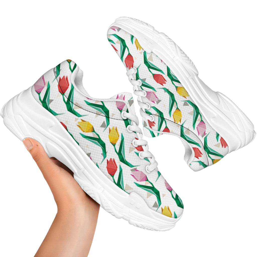 Polygon Tulip Pattern Print White Chunky Shoes