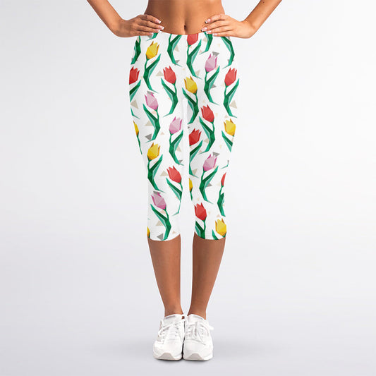 Polygon Tulip Pattern Print Women's Capri Leggings