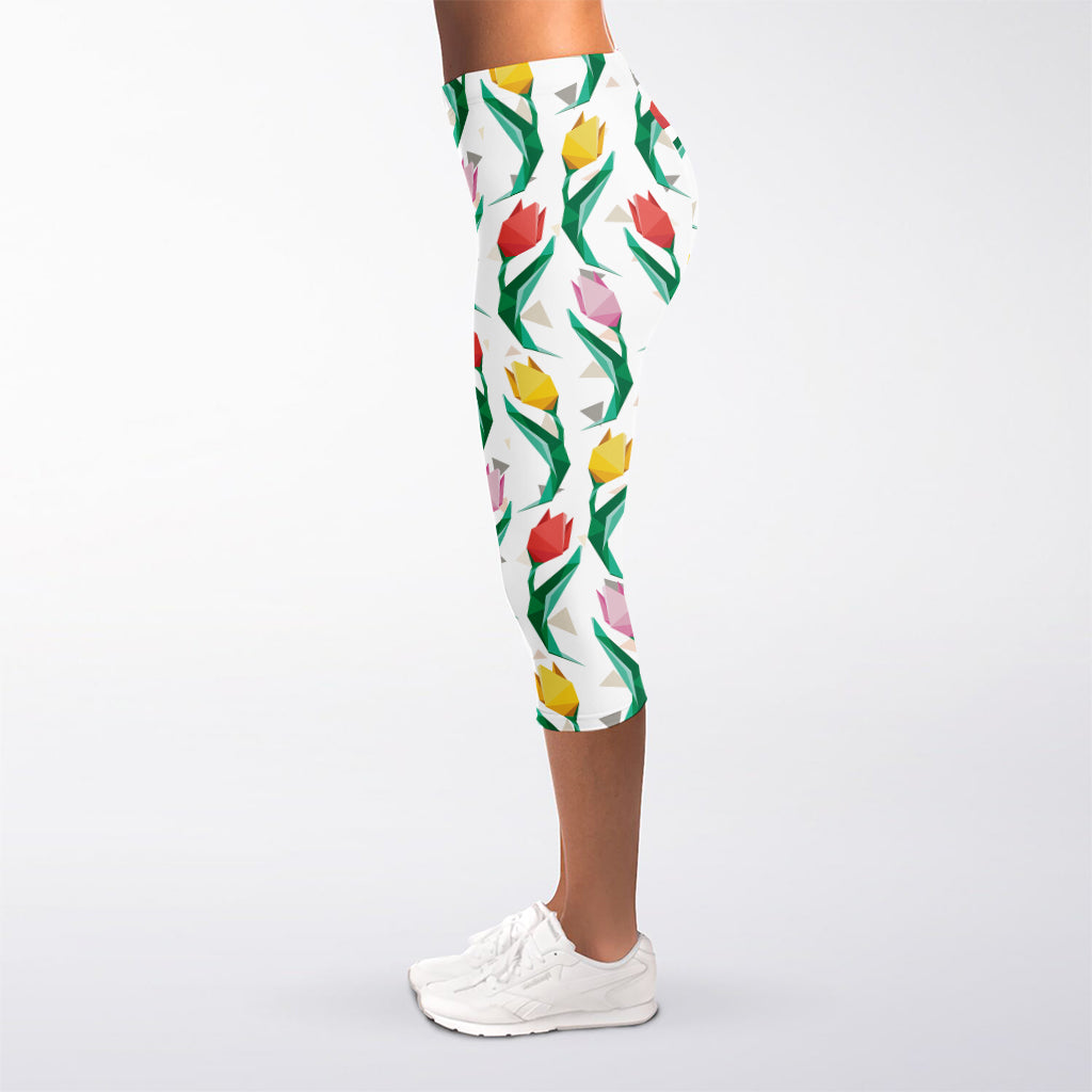 Polygon Tulip Pattern Print Women's Capri Leggings