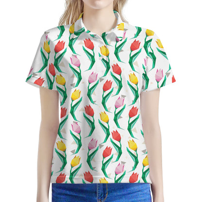 Polygon Tulip Pattern Print Women's Polo Shirt