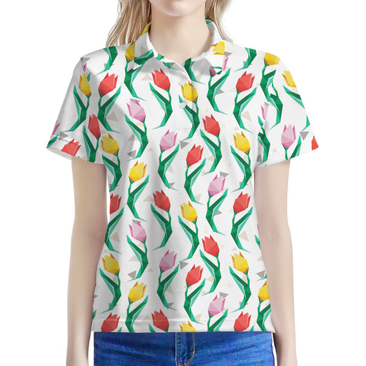 Polygon Tulip Pattern Print Women's Polo Shirt