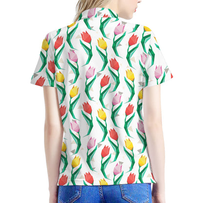 Polygon Tulip Pattern Print Women's Polo Shirt