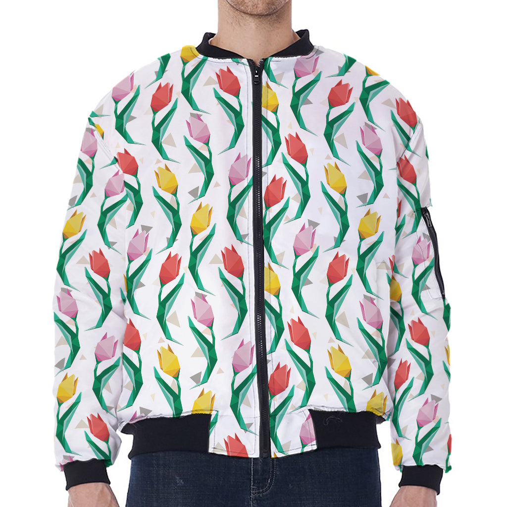 Polygon Tulip Pattern Print Zip Sleeve Bomber Jacket