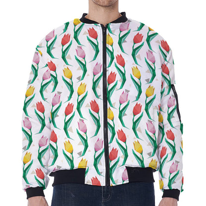 Polygon Tulip Pattern Print Zip Sleeve Bomber Jacket