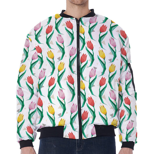 Polygon Tulip Pattern Print Zip Sleeve Bomber Jacket