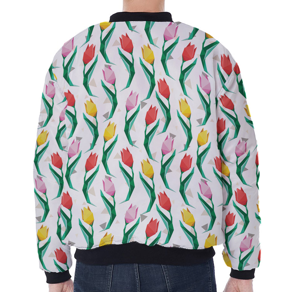 Polygon Tulip Pattern Print Zip Sleeve Bomber Jacket