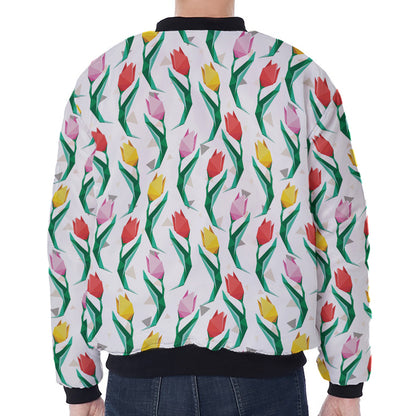 Polygon Tulip Pattern Print Zip Sleeve Bomber Jacket