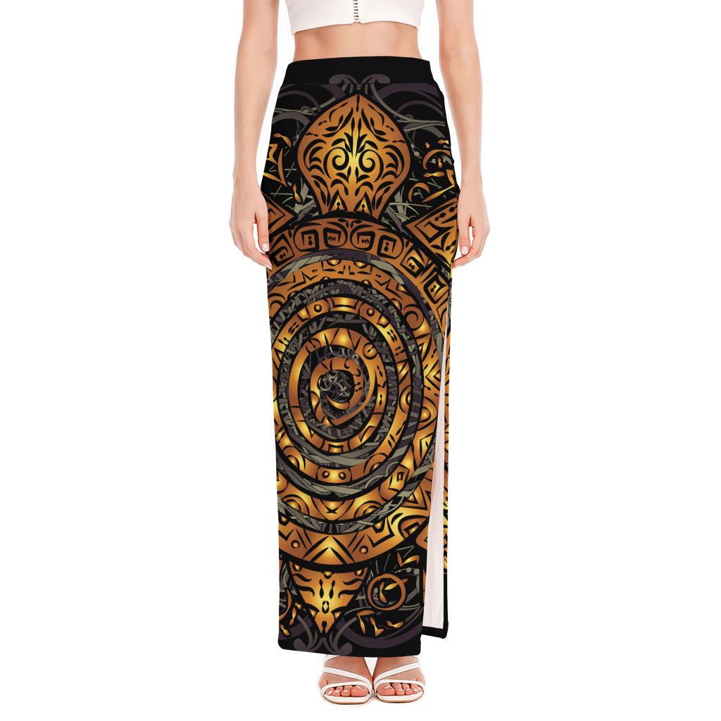 Polynesian Sea Turtle Print High Slit Maxi Skirt