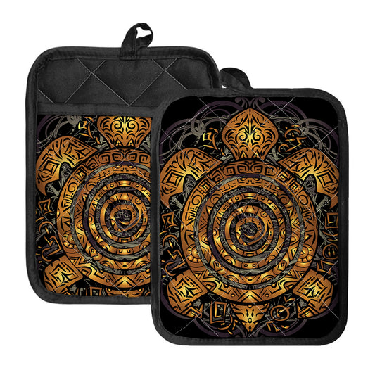Polynesian Sea Turtle Print Pot Holders With Pocket