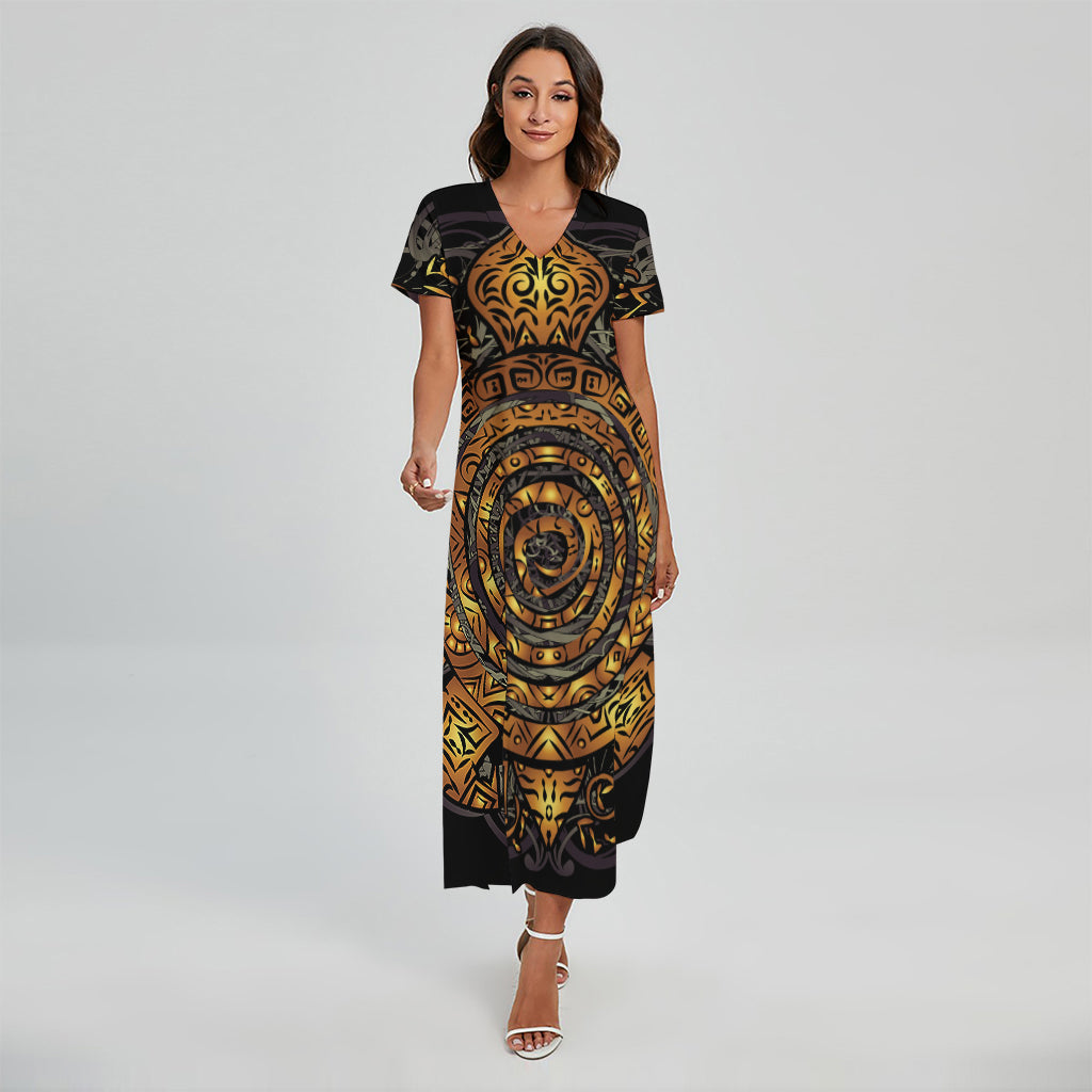 Polynesian Sea Turtle Print Short Sleeve Maxi Dress