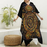 Polynesian Sea Turtle Print Silk V-Neck Kaftan Dress