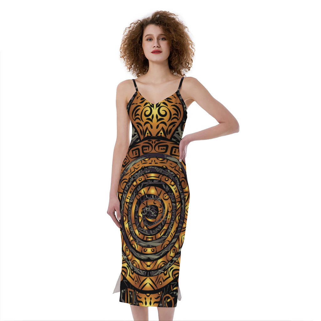 Polynesian Sea Turtle Print Slim Fit Midi Cami Dress