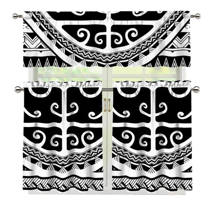 Polynesian Tribal Tattoo Pattern Print 3 Piece Kitchen Curtains