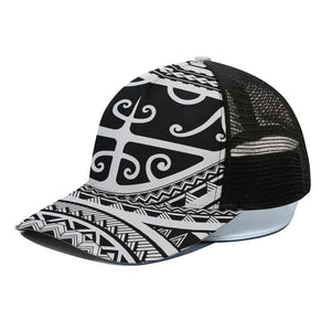 Polynesian Tribal Tattoo Pattern Print Black Mesh Trucker Cap