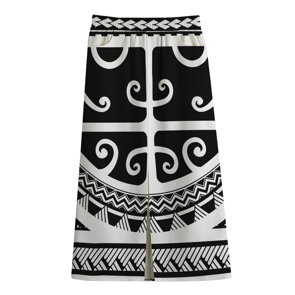 Polynesian Tribal Tattoo Pattern Print Cotton Front Slit Maxi Skirt