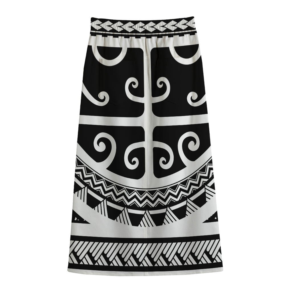 Polynesian Tribal Tattoo Pattern Print Cotton Front Slit Maxi Skirt