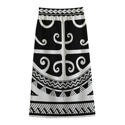 Polynesian Tribal Tattoo Pattern Print Cotton Front Slit Maxi Skirt
